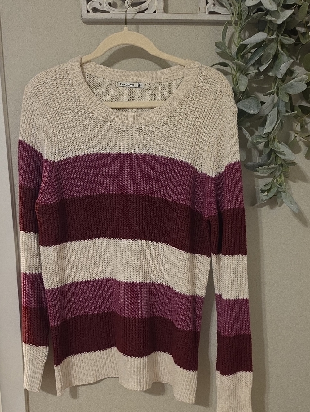 Pink Clover Cream, Light Berry & Deep Berry Striped Crewneck Sweater